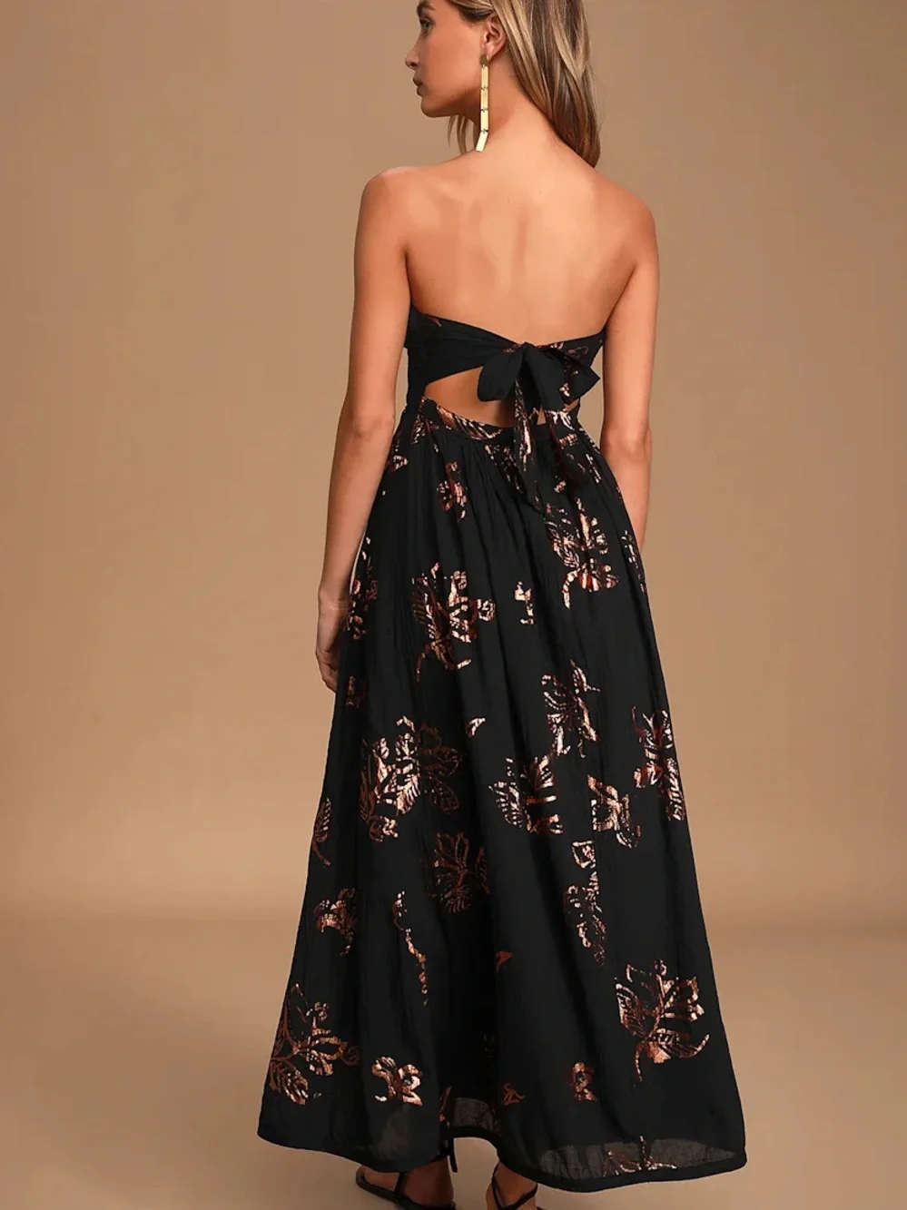 Free People Black Strapless Maxi Dress with Copper Floral Print